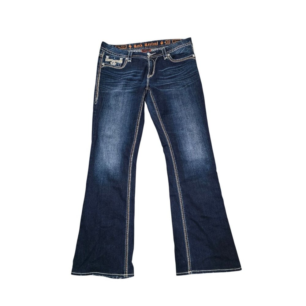 Rock Revival Bootcut Jeans Featuring embroidered Detailing on the Pockets
